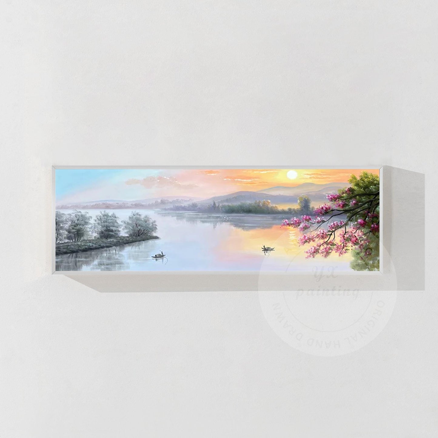 Forest Mountain River Sunrise Nature Landscape Oil Painting,Original Long Narrow #8