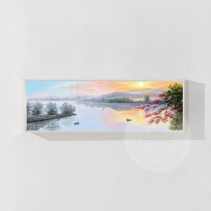 Forest Mountain River Sunrise Nature Landscape Oil Painting,Original Long Narrow #8