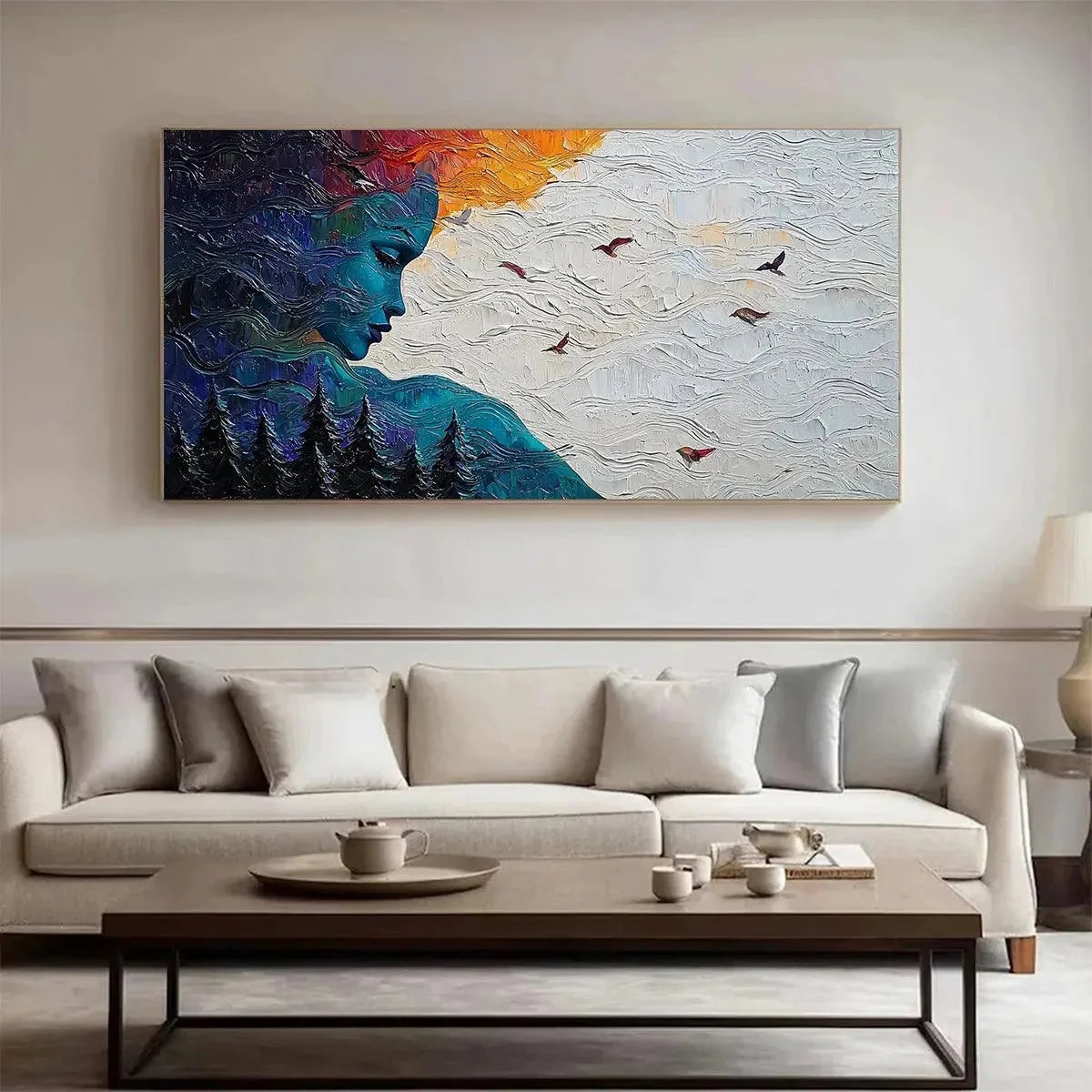 FOREST MUSE: Textured Impasto Portrait with Nature Oil Painting | black frame version on white wall