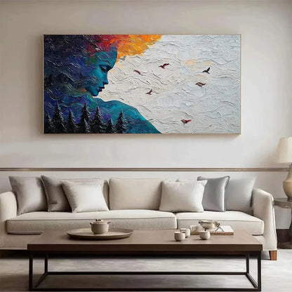FOREST MUSE: Textured Impasto Portrait with Nature Oil Painting | black frame version on white wall