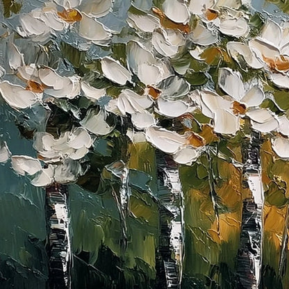 FOREST OF LIGHT: Heavily Textured Palette Knife Birch Tree Forest Painting | rectangular format, hand-painted canvas edge