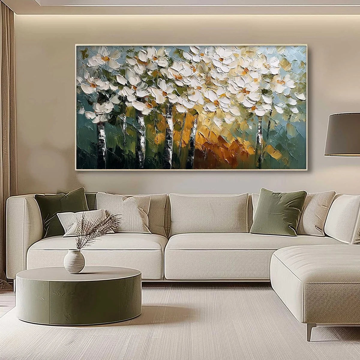 FOREST OF LIGHT: Heavily Textured Palette Knife Birch Tree Forest Painting | gold frame stretched on neutral wall