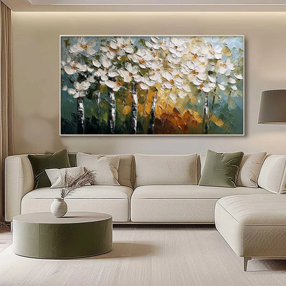FOREST OF LIGHT: Heavily Textured Palette Knife Birch Tree Forest Painting | gold frame stretched on neutral wall