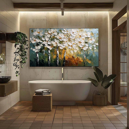 FOREST OF LIGHT: Heavily Textured Palette Knife Birch Tree Forest Painting | black frame version on white wall