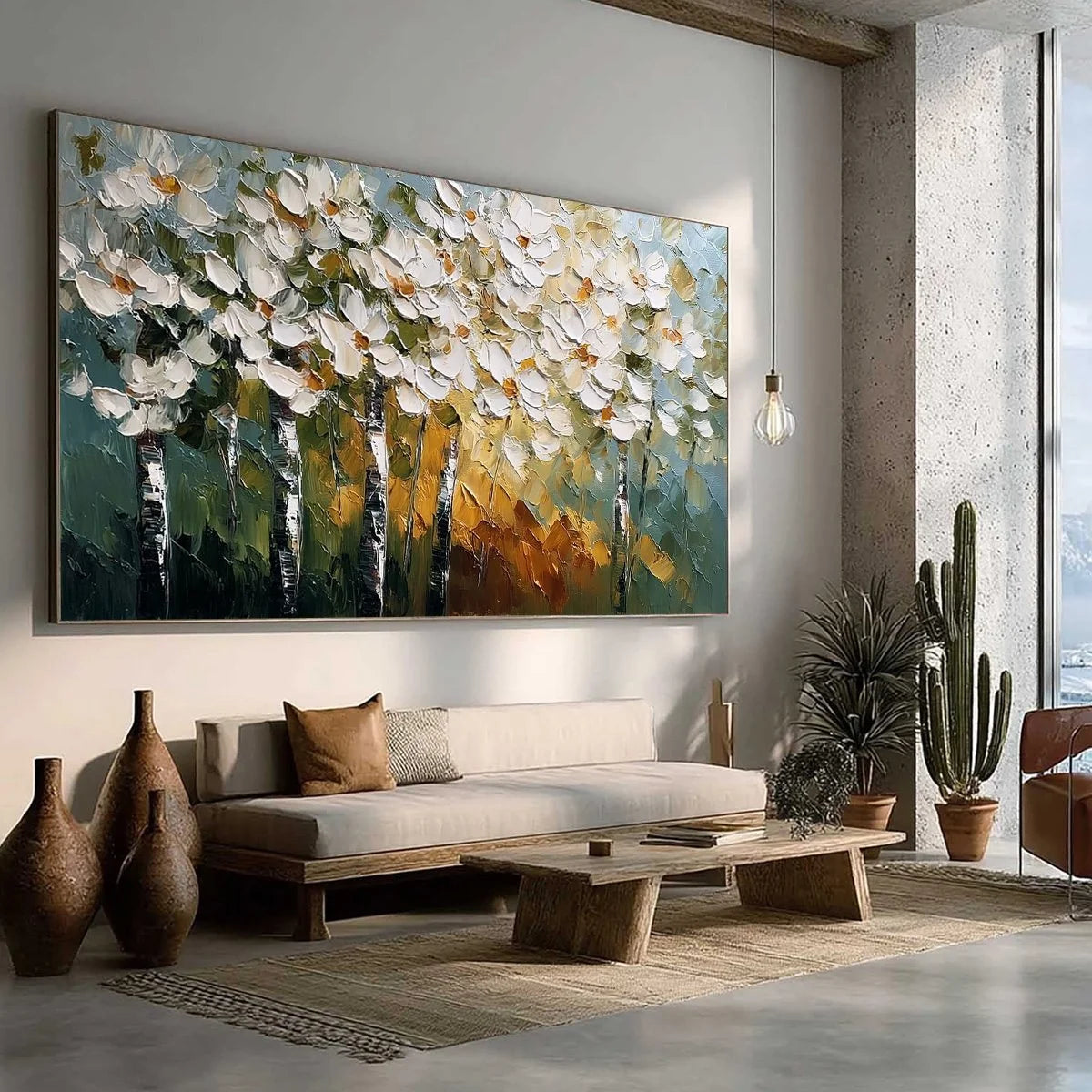 FOREST OF LIGHT: Heavily Textured Palette Knife Birch Tree Forest Painting | green palette, original Hand-painted on premium stretched canvas using artist-grade oils; rich layered surface combines ...