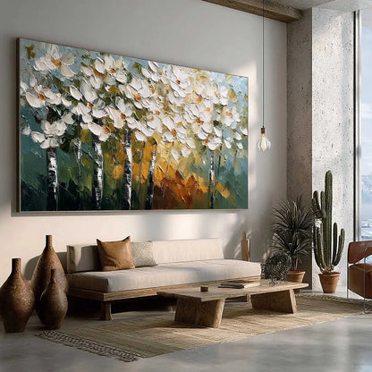 FOREST OF LIGHT: Heavily Textured Palette Knife Birch Tree Forest Painting | green palette, original Hand-painted on premium stretched canvas using artist-grade oils; rich layered surface combines ...