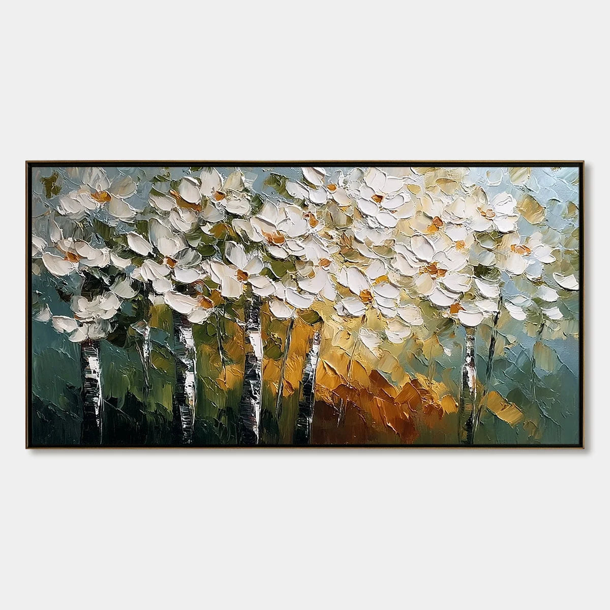 FOREST OF LIGHT: Heavily Textured Palette Knife Birch Tree Forest Painting | hanging in FOREST OF LIGHT: Heavily Textured Palette Knife Birch Tree Forest Painting featuring layered textured brushwo...