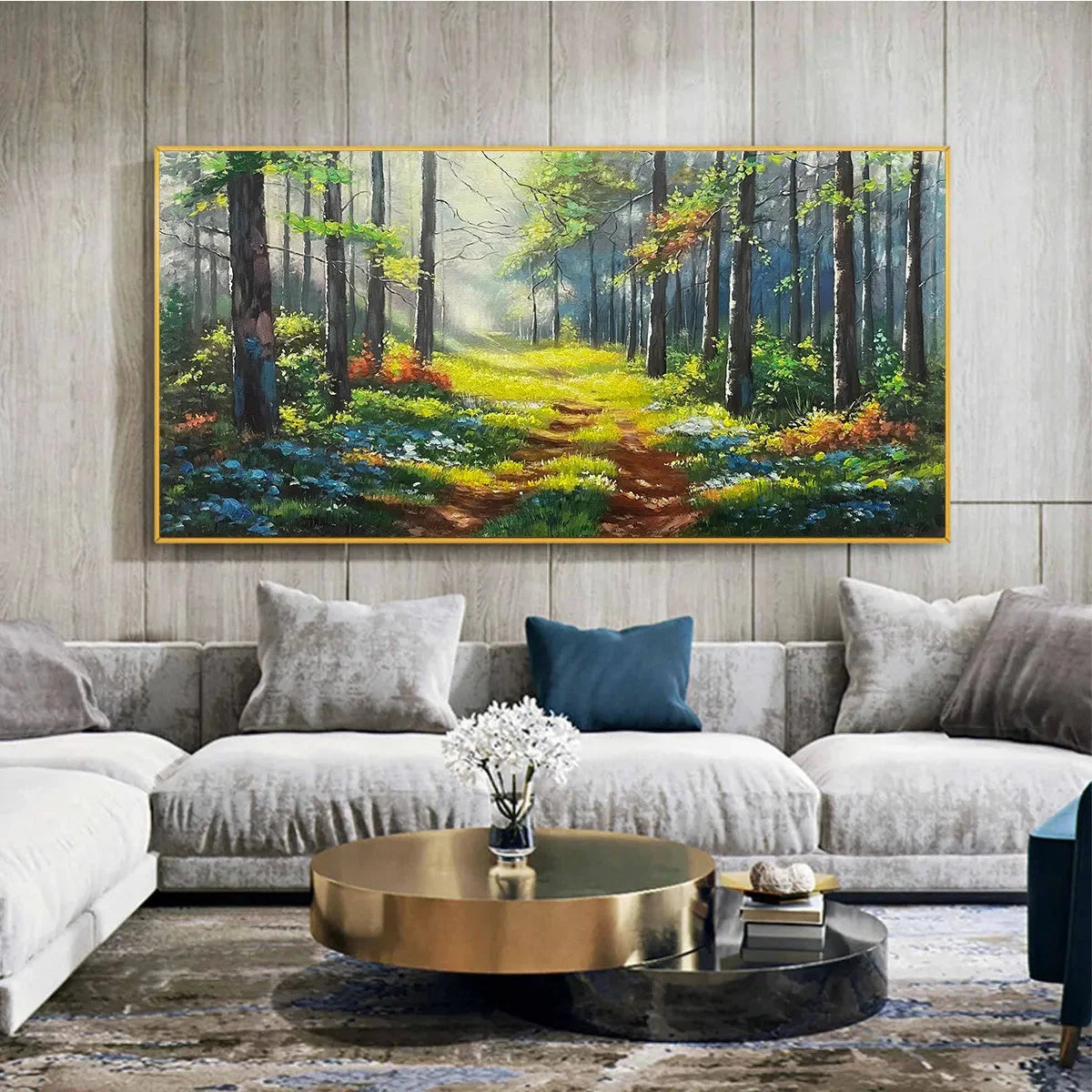 FOREST PATH: Forest Landscape Painting, Nature Trail, Green, Living Room, Bedroom, Office | gold frame stretched on neutral wall