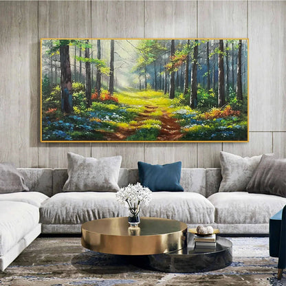 FOREST PATH: Forest Landscape Painting, Nature Trail, Green, Living Room, Bedroom, Office | gold frame stretched on neutral wall