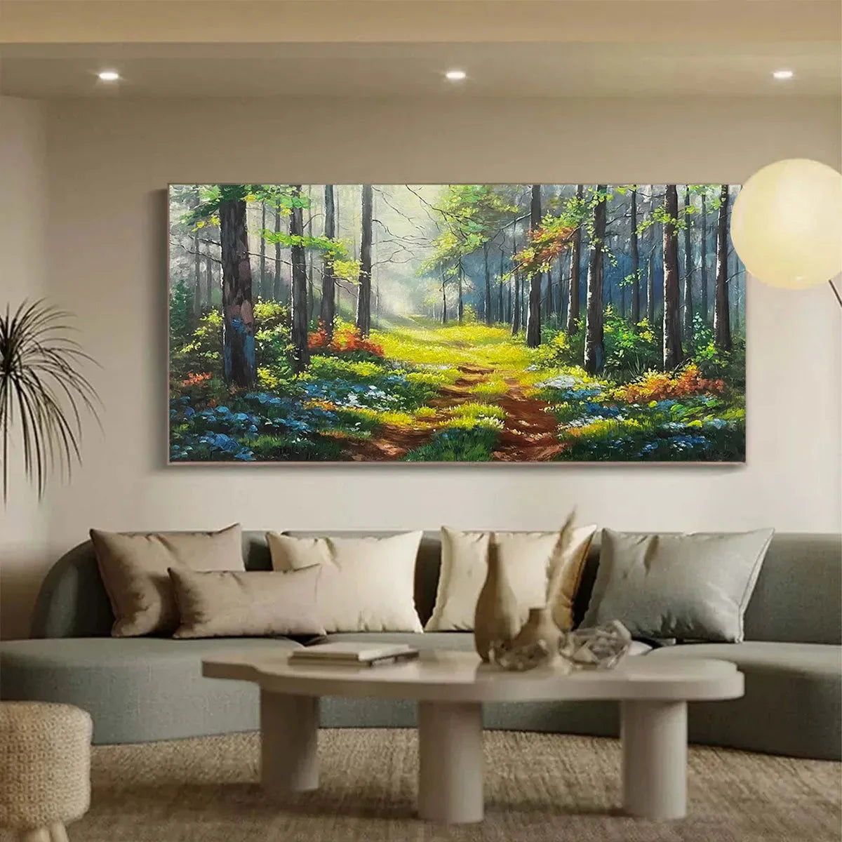 FOREST PATH: Forest Landscape Painting, Nature Trail, Green, Living Room, Bedroom, Office | green palette, original Hand-painted on premium stretched canvas using artist-grade oils; rich layered su...