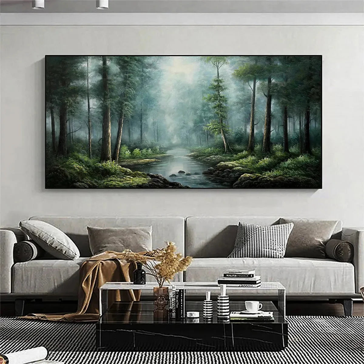 FOREST PATH: Panoramic Forest Painting with Stream, Misty Landscape, Canvas Wall Art | Landscape closeup, raised brushwork detail