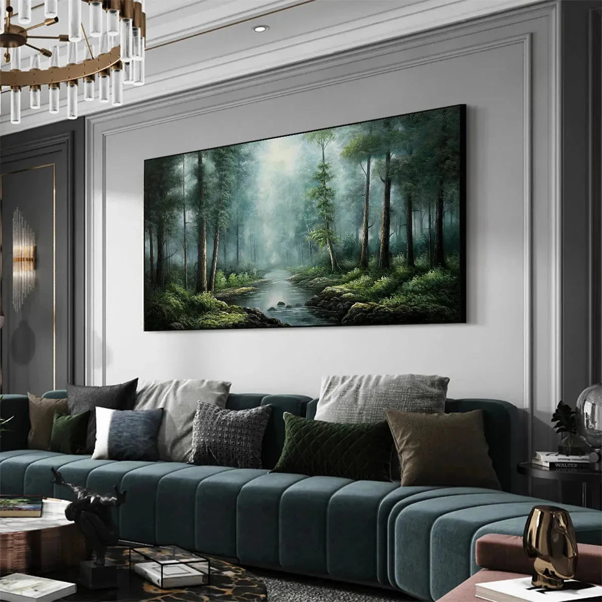 FOREST PATH: Panoramic Forest Painting with Stream, Misty Landscape, Canvas Wall Art | gold frame stretched on neutral wall