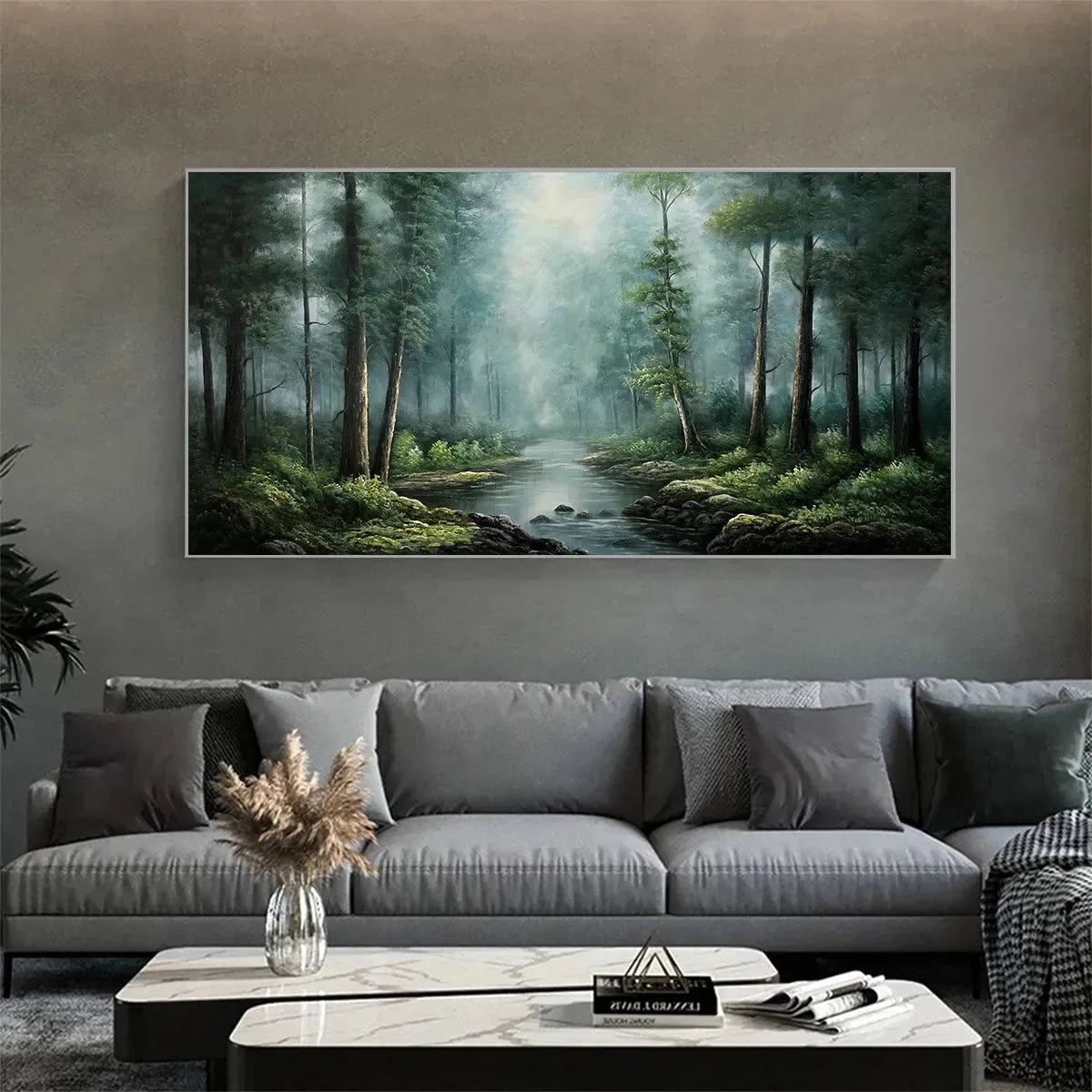 FOREST PATH: Panoramic Forest Painting with Stream, Misty Landscape, Canvas Wall Art | rolled canvas, ready for custom framing