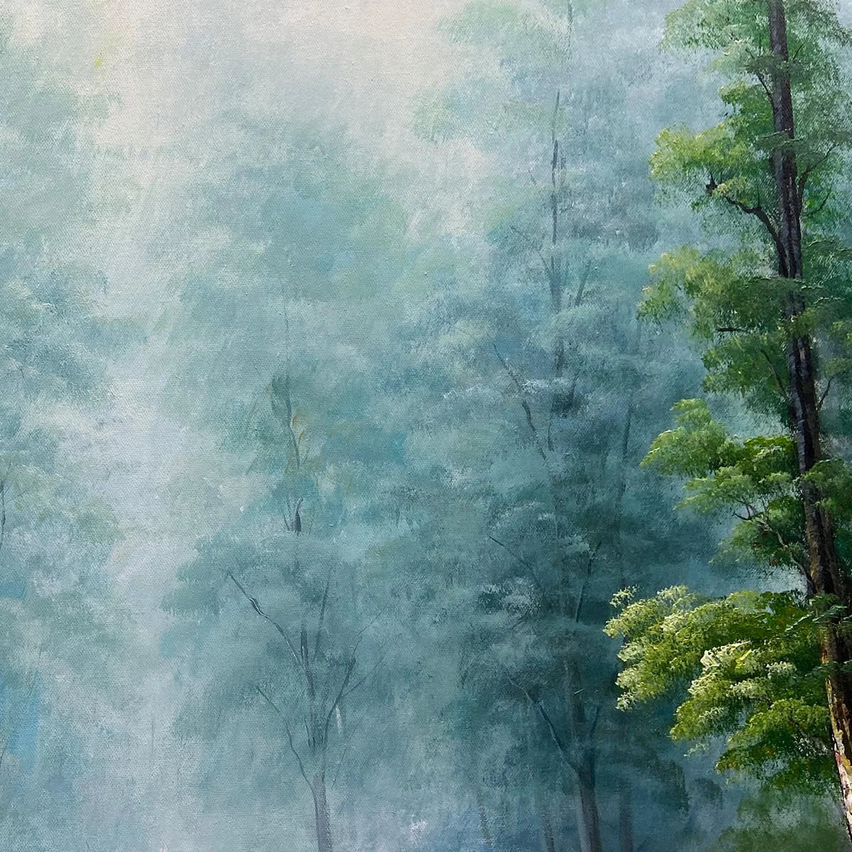 FOREST PATH: Panoramic Forest Painting with Stream, Misty Landscape, Canvas Wall Art | black frame version on white wall
