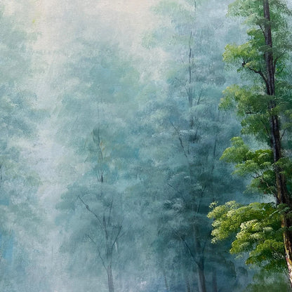 FOREST PATH: Panoramic Forest Painting with Stream, Misty Landscape, Canvas Wall Art | black frame version on white wall