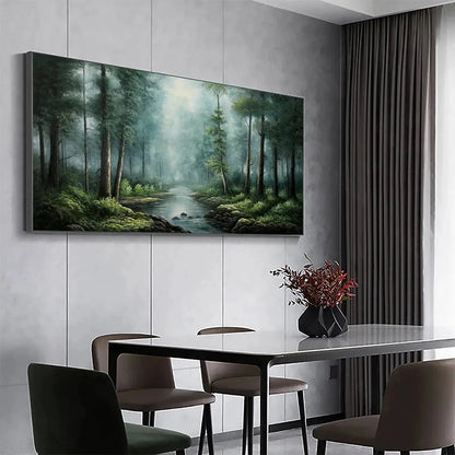 FOREST PATH: Panoramic Forest Painting with Stream, Misty Landscape, Canvas Wall Art | Landscape mood, soft natural light studio shot
