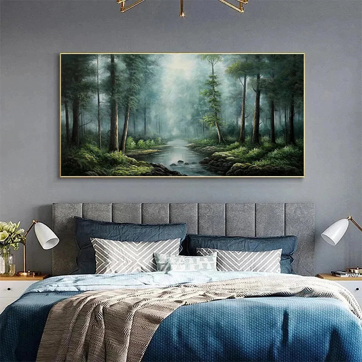 FOREST PATH: Panoramic Forest Painting with Stream, Misty Landscape, Canvas Wall Art | green palette, original Hand-painted on premium stretched canvas using artist-grade oils; rich layered surface...