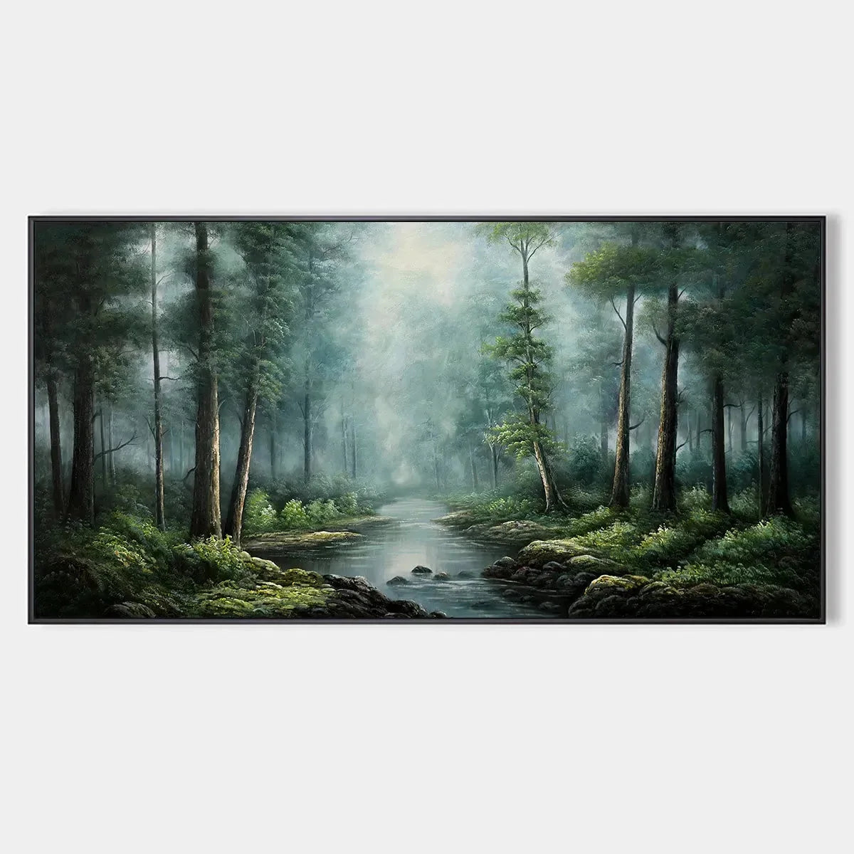 FOREST PATH: Panoramic Forest Painting with Stream, Misty Landscape, Canvas Wall Art | hanging in FOREST PATH: Panoramic Forest Painting with Stream, Misty Landscape, Canvas Wall Art featuring laye...