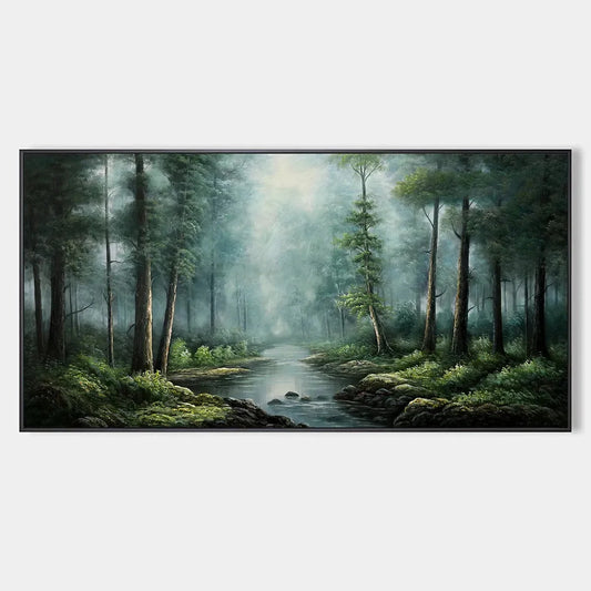 FOREST PATH: Panoramic Forest Painting with Stream, Misty Landscape, Canvas Wall Art | hanging in FOREST PATH: Panoramic Forest Painting with Stream, Misty Landscape, Canvas Wall Art featuring laye...