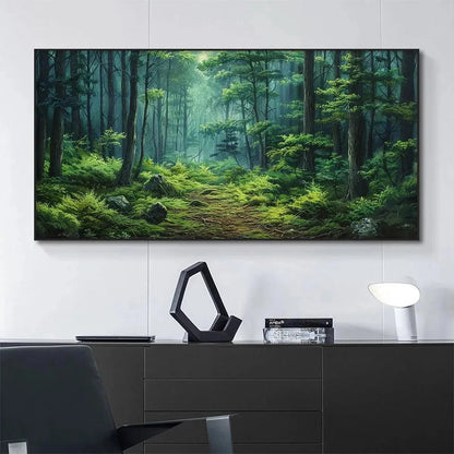 FOREST PATH: Panoramic Green Forest Landscape Painting | Landscape closeup, raised brushwork detail