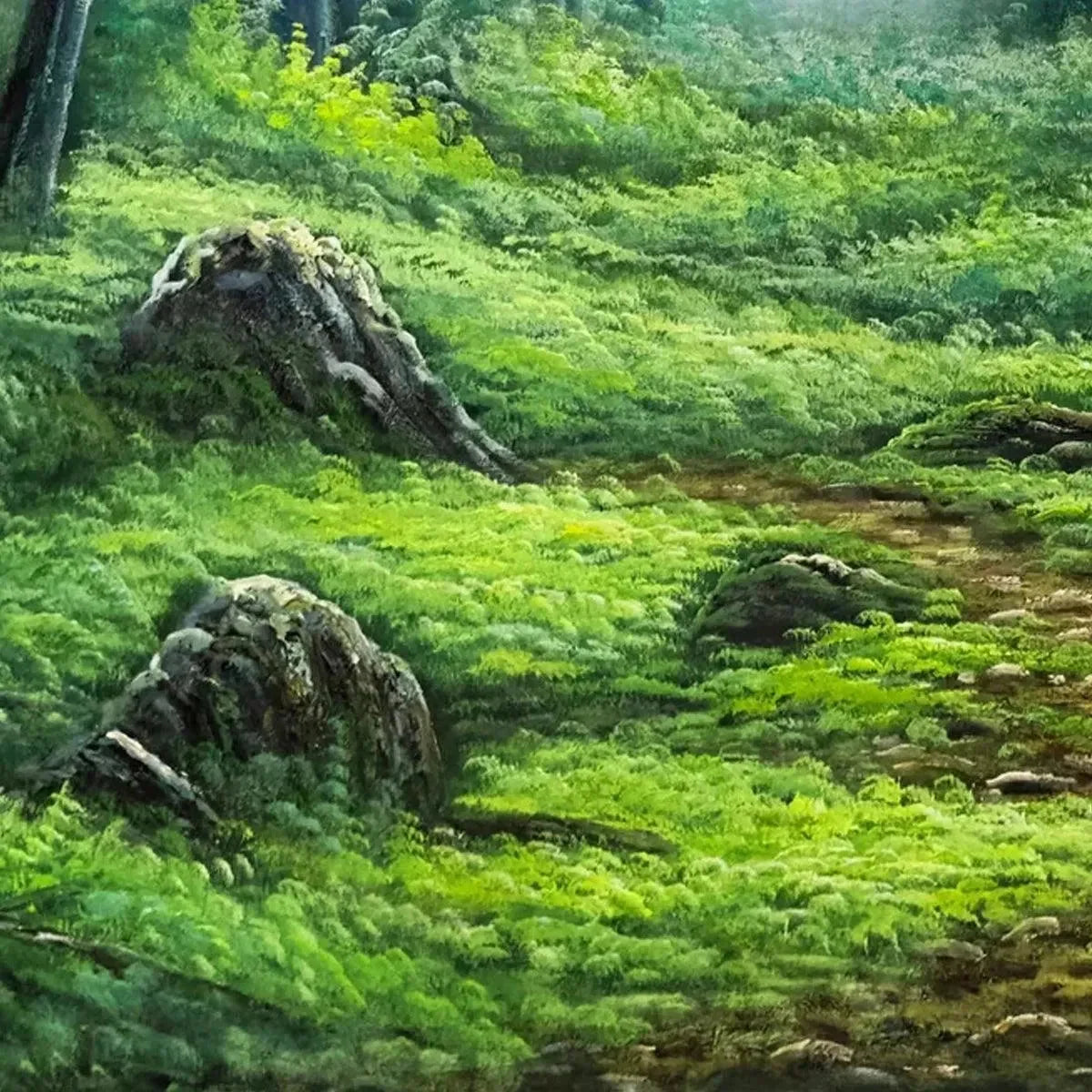 FOREST PATH: Panoramic Green Forest Landscape Painting | rectangular format, hand-painted canvas edge