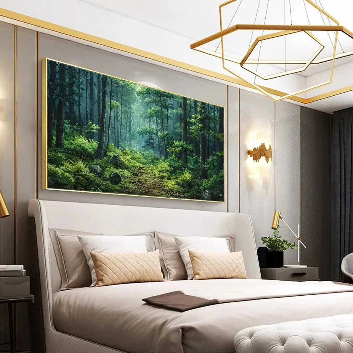 FOREST PATH: Panoramic Green Forest Landscape Painting | gold frame stretched on neutral wall