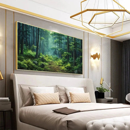 FOREST PATH: Panoramic Green Forest Landscape Painting | gold frame stretched on neutral wall