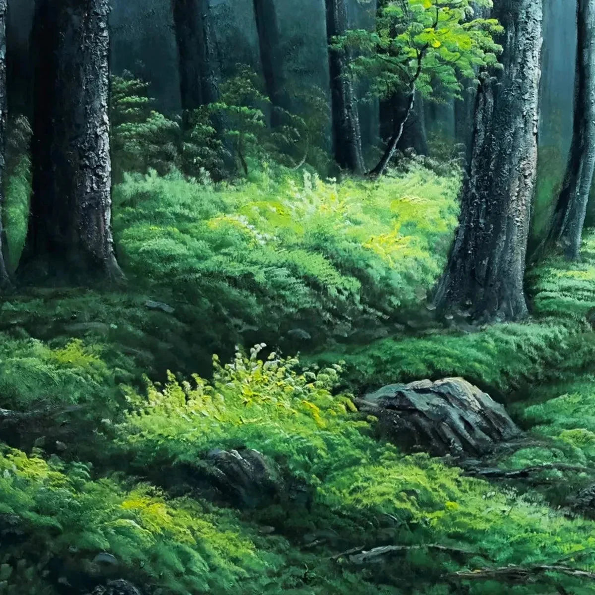 FOREST PATH: Panoramic Green Forest Landscape Painting | rolled canvas, ready for custom framing