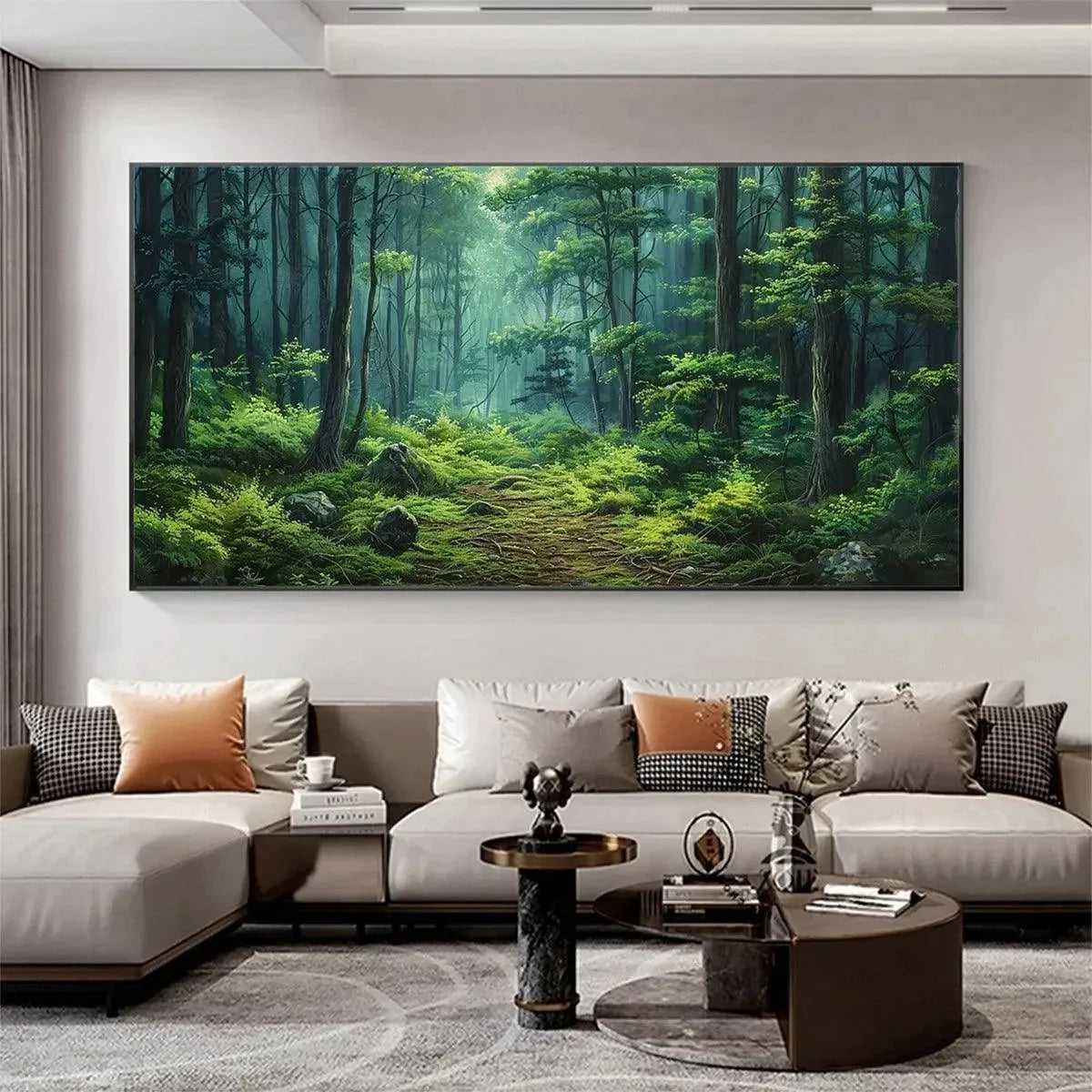 FOREST PATH: Panoramic Green Forest Landscape Painting | black frame version on white wall