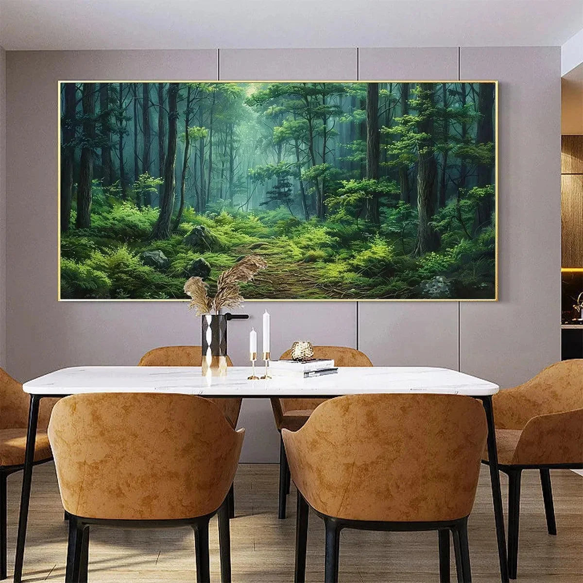 FOREST PATH: Panoramic Green Forest Landscape Painting | green palette, original Hand-painted on premium stretched canvas using artist-grade oils; rich layered surface combines smooth gradients wit...