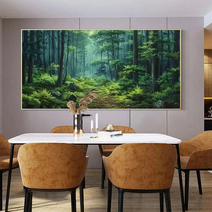 FOREST PATH: Panoramic Green Forest Landscape Painting | green palette, original Hand-painted on premium stretched canvas using artist-grade oils; rich layered surface combines smooth gradients wit...