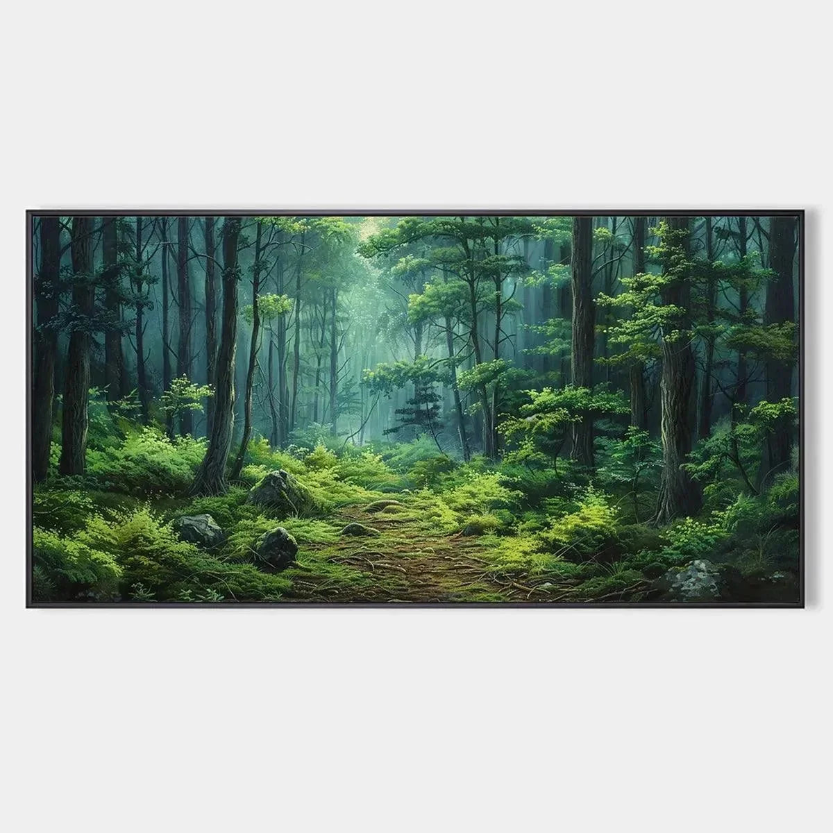FOREST PATH: Panoramic Green Forest Landscape Painting | hanging in FOREST PATH: Panoramic Green Forest Landscape Painting featuring layered textured brushwork in refined tones; landscape compositi...
