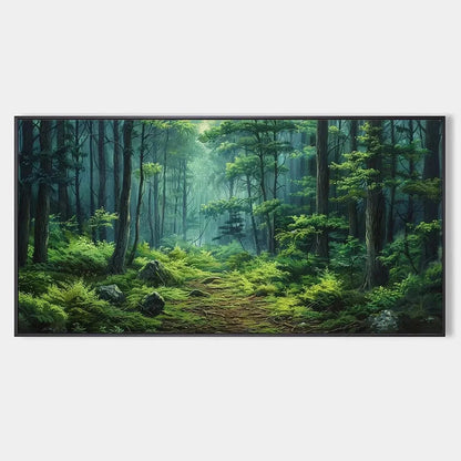 FOREST PATH: Panoramic Green Forest Landscape Painting | hanging in FOREST PATH: Panoramic Green Forest Landscape Painting featuring layered textured brushwork in refined tones; landscape compositi...