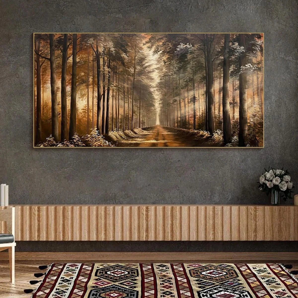 FOREST PATH: Panoramic Landscape Oil Painting | Landscape closeup, raised brushwork detail
