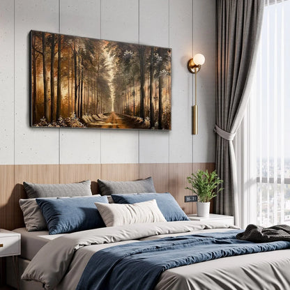 FOREST PATH: Panoramic Landscape Oil Painting | gold frame stretched on neutral wall