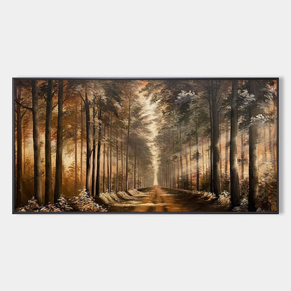 FOREST PATH: Panoramic Landscape Oil Painting | hanging in FOREST PATH: Panoramic Landscape Oil Painting featuring layered textured brushwork in refined tones; landscape composition with rich palet...