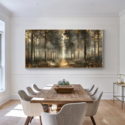 FOREST PATH: Panoramic Misty Forest Landscape Oil Painting | Landscape closeup, raised brushwork detail