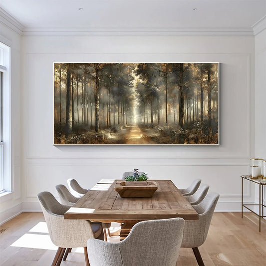 FOREST PATH: Panoramic Misty Forest Landscape Oil Painting