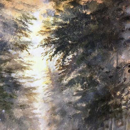 FOREST PATH: Panoramic Misty Forest Landscape Oil Painting | rectangular format, hand-painted canvas edge
