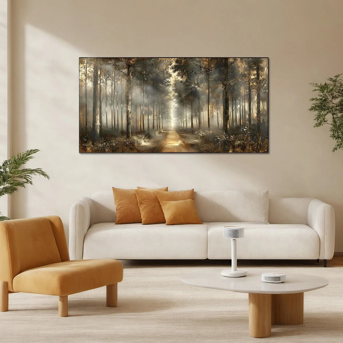 FOREST PATH: Panoramic Misty Forest Landscape Oil Painting | gold frame stretched on neutral wall