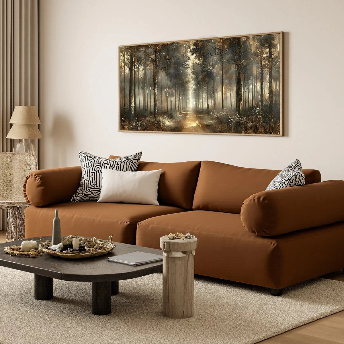 FOREST PATH: Panoramic Misty Forest Landscape Oil Painting | rolled canvas, ready for custom framing
