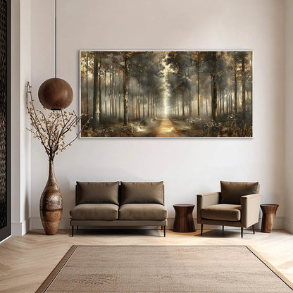 FOREST PATH: Panoramic Misty Forest Landscape Oil Painting | Landscape mood, soft natural light studio shot