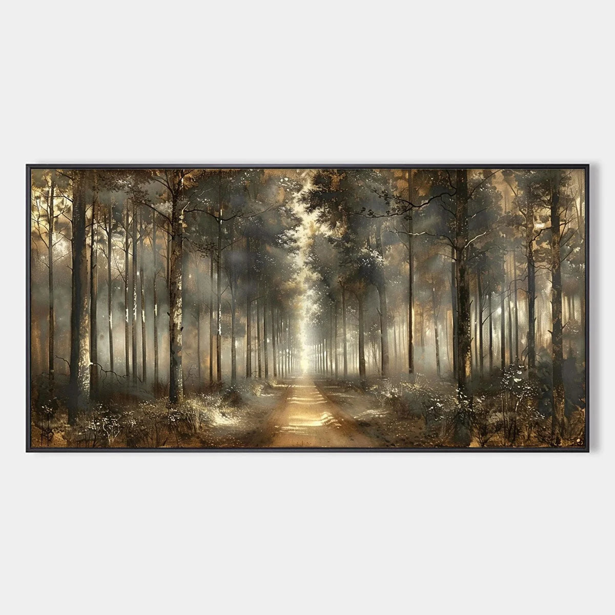 FOREST PATH: Panoramic Misty Forest Landscape Oil Painting | hanging in FOREST PATH: Panoramic Misty Forest Landscape Oil Painting featuring layered textured brushwork in refined tones; landscape c...