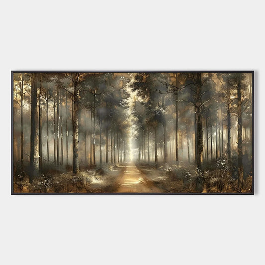FOREST PATH: Panoramic Misty Forest Landscape Oil Painting | hanging in FOREST PATH: Panoramic Misty Forest Landscape Oil Painting featuring layered textured brushwork in refined tones; landscape c...