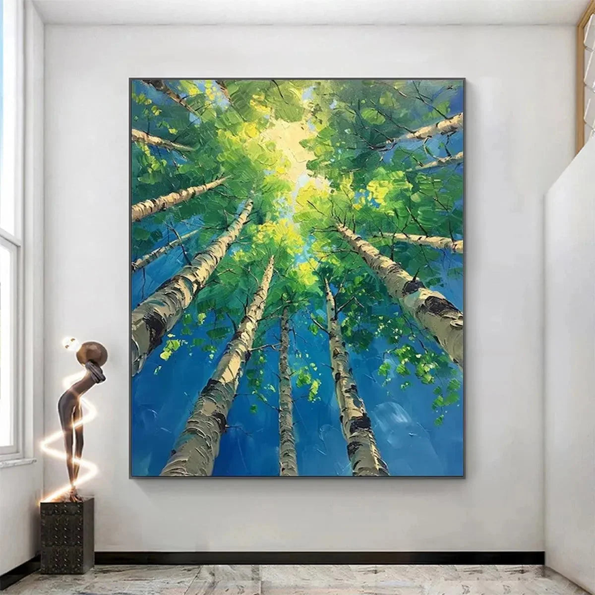 FOREST SUNRISE: Textured Birch Tree Painting, Impasto Wall Art, Vertical Canvas, Nature Decor | Abstract closeup, raised brushwork detail