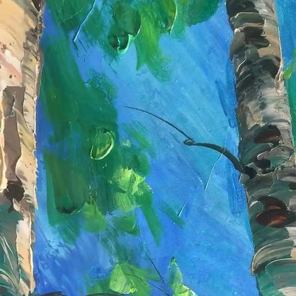 FOREST SUNRISE: Textured Birch Tree Painting, Impasto Wall Art, Vertical Canvas, Nature Decor | rectangular format, hand-painted canvas edge
