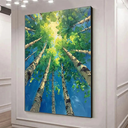 FOREST SUNRISE: Textured Birch Tree Painting, Impasto Wall Art, Vertical Canvas, Nature Decor | gold frame stretched on neutral wall