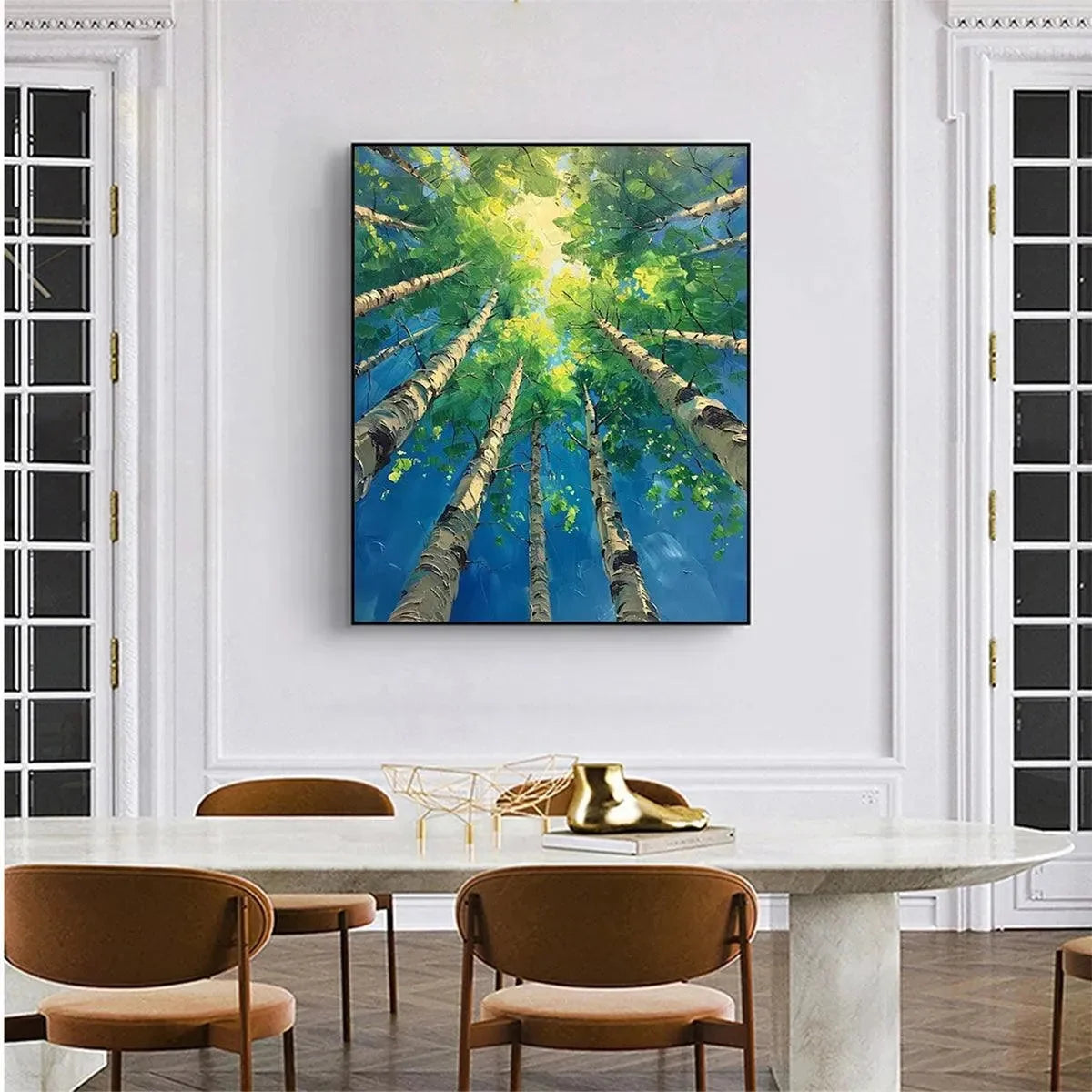 FOREST SUNRISE: Textured Birch Tree Painting, Impasto Wall Art, Vertical Canvas, Nature Decor | rolled canvas, ready for custom framing