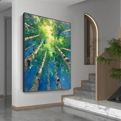 FOREST SUNRISE: Textured Birch Tree Painting, Impasto Wall Art, Vertical Canvas, Nature Decor | Abstract mood, soft natural light studio shot
