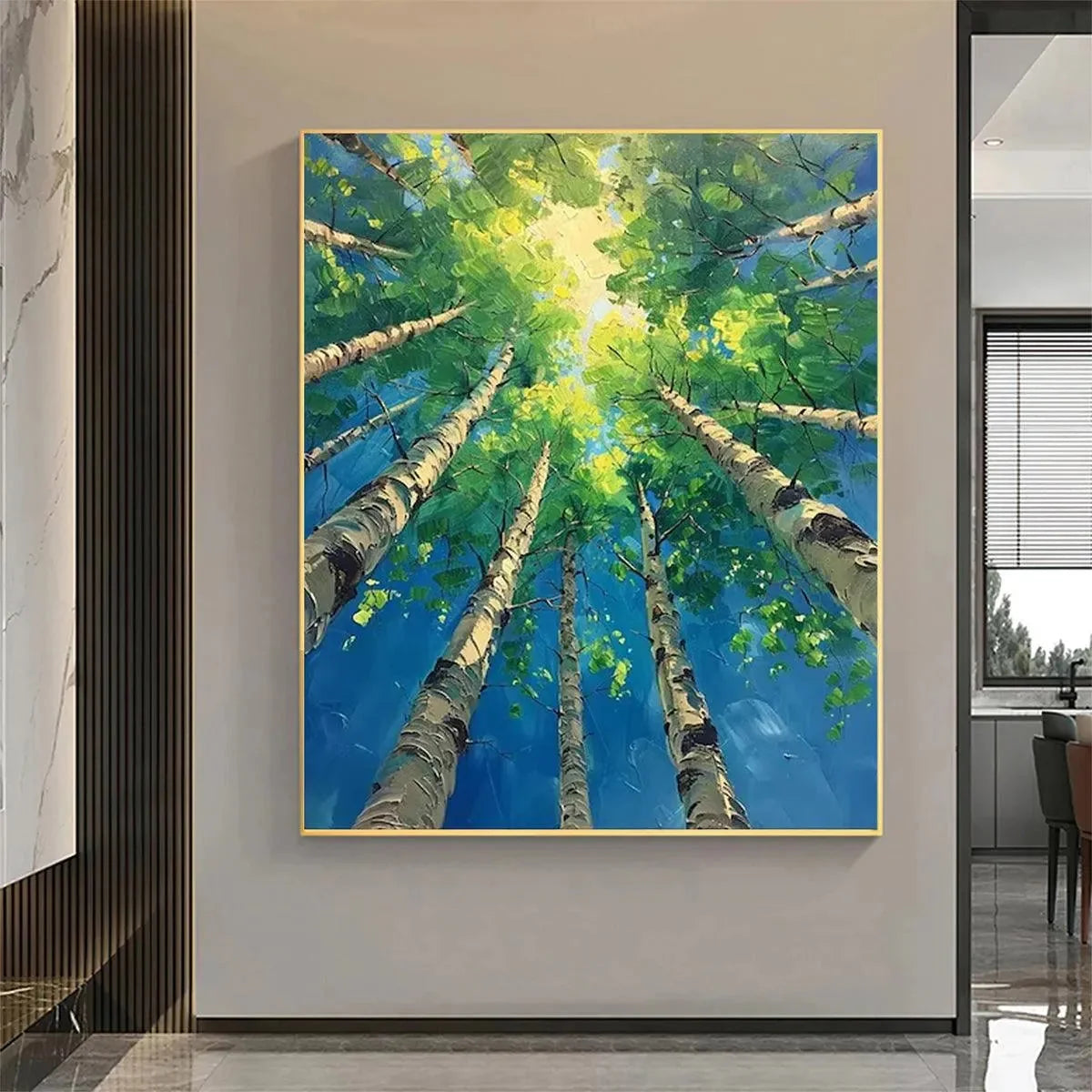 FOREST SUNRISE: Textured Birch Tree Painting, Impasto Wall Art, Vertical Canvas, Nature Decor | green palette, original Hand-painted on premium stretched canvas using artist-grade oils; rich layere...